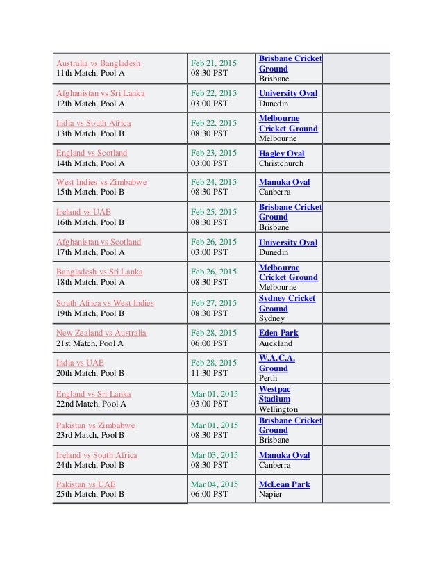 Icc Cricket World Cup 2015 Time Table Pdf